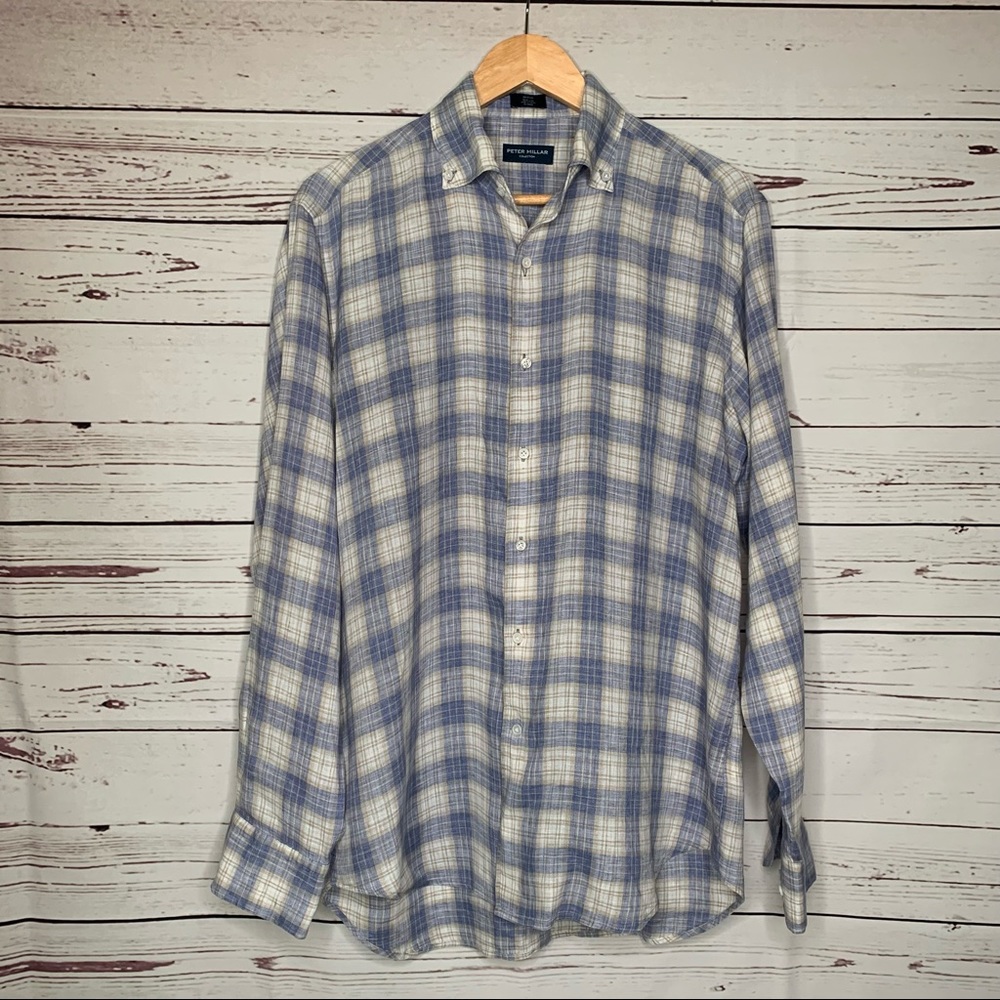 Peter Millar Light Blue and White Plaid Long-Sleeve Button-Down Shirt